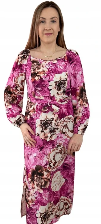 Dłuższa sukienka w kwiaty hiszpanka 100% wiskoza długie rękawy rozcięcia