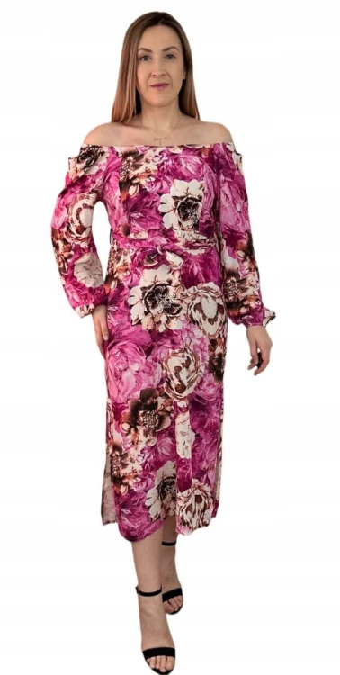 Dłuższa sukienka w kwiaty hiszpanka 100% wiskoza długie rękawy rozcięcia