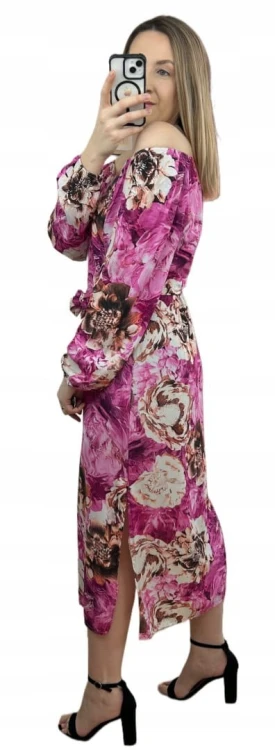 Dłuższa sukienka w kwiaty hiszpanka 100% wiskoza długie rękawy rozcięcia