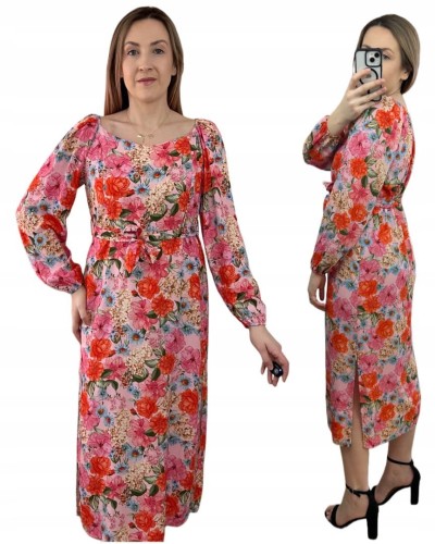 Dłuższa sukienka w kwiaty hiszpanka 100% wiskoza długie rękawy rozcięcia