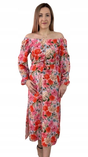 Dłuższa sukienka w kwiaty hiszpanka 100% wiskoza długie rękawy rozcięcia