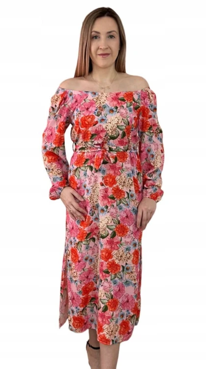 Dłuższa sukienka w kwiaty hiszpanka 100% wiskoza długie rękawy rozcięcia