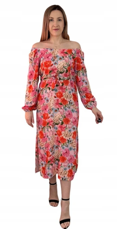 Dłuższa sukienka w kwiaty hiszpanka 100% wiskoza długie rękawy rozcięcia