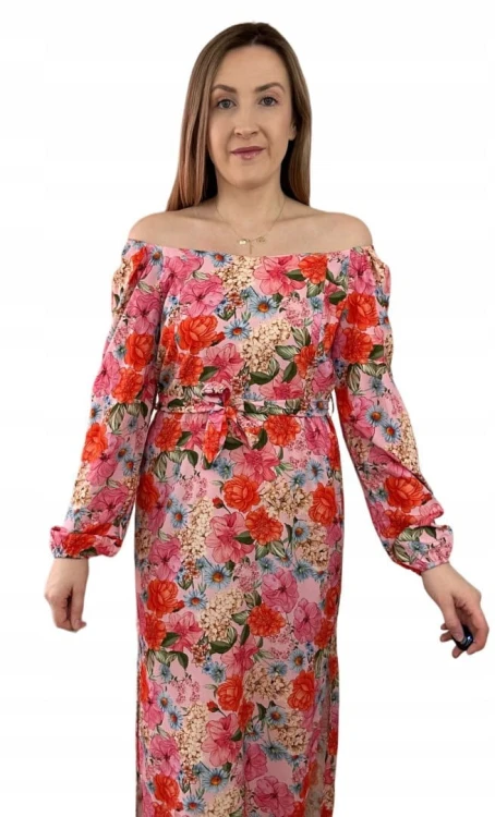Dłuższa sukienka w kwiaty hiszpanka 100% wiskoza długie rękawy rozcięcia