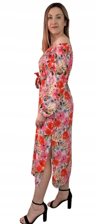 Dłuższa sukienka w kwiaty hiszpanka 100% wiskoza długie rękawy rozcięcia