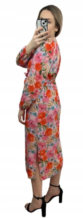 Dłuższa sukienka w kwiaty hiszpanka 100% wiskoza długie rękawy rozcięcia