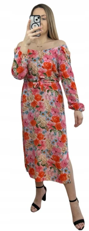 Dłuższa sukienka w kwiaty hiszpanka 100% wiskoza długie rękawy rozcięcia