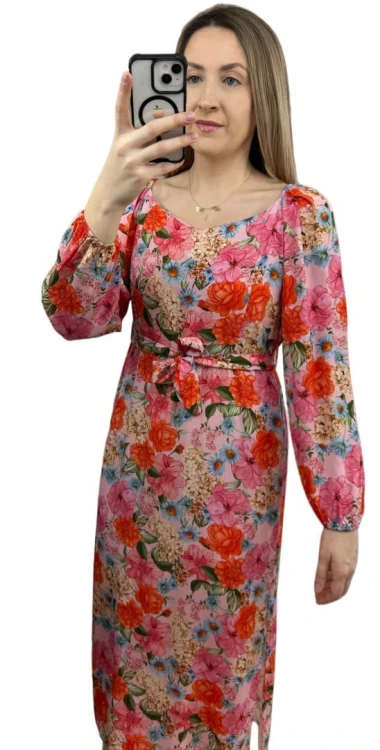 Dłuższa sukienka w kwiaty hiszpanka 100% wiskoza długie rękawy rozcięcia