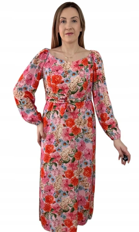 Dłuższa sukienka w kwiaty hiszpanka 100% wiskoza długie rękawy rozcięcia