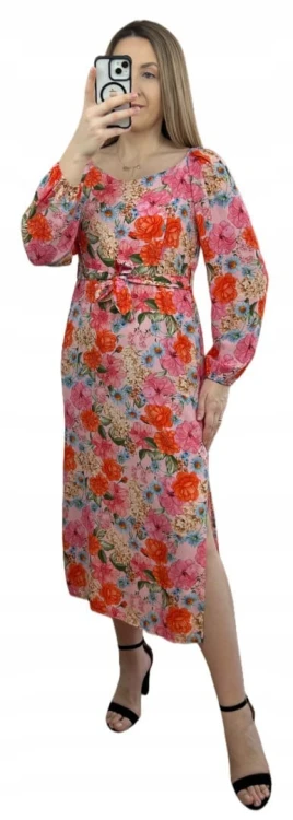 Dłuższa sukienka w kwiaty hiszpanka 100% wiskoza długie rękawy rozcięcia