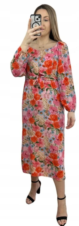Dłuższa sukienka w kwiaty hiszpanka 100% wiskoza długie rękawy rozcięcia