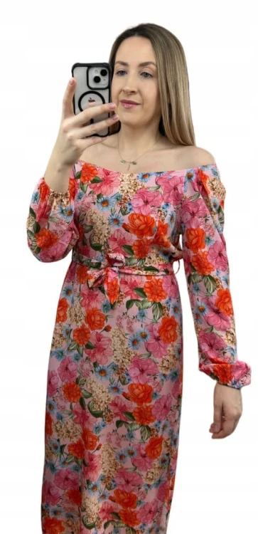 Dłuższa sukienka w kwiaty hiszpanka 100% wiskoza długie rękawy rozcięcia