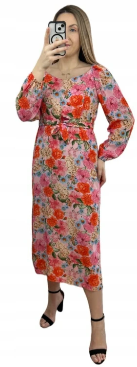 Dłuższa sukienka w kwiaty hiszpanka 100% wiskoza długie rękawy rozcięcia