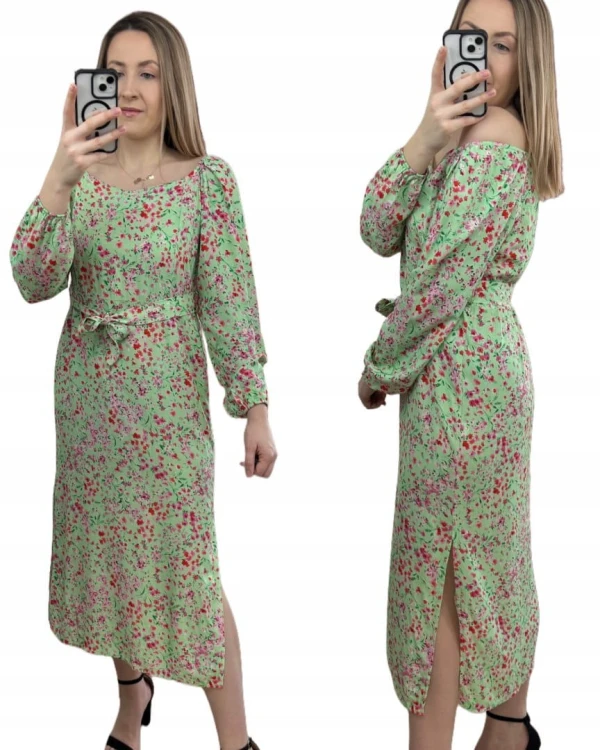 Dłuższa sukienka w kwiaty hiszpanka 100% wiskoza długie rękawy rozcięcia