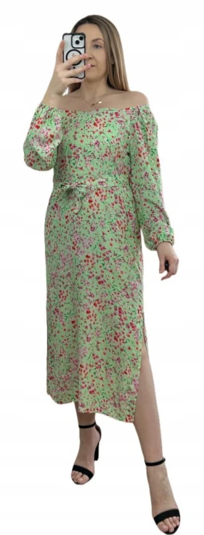 Dłuższa sukienka w kwiaty hiszpanka 100% wiskoza długie rękawy rozcięcia