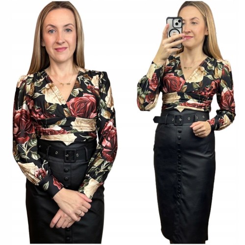 Eleganckie body kopertowy dekolt w kwiaty długie rękawy marszczenia S M