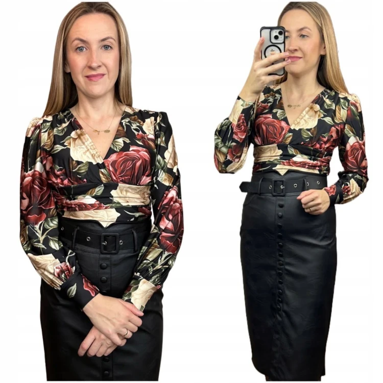 Eleganckie body kopertowy dekolt w kwiaty długie rękawy marszczenia S M