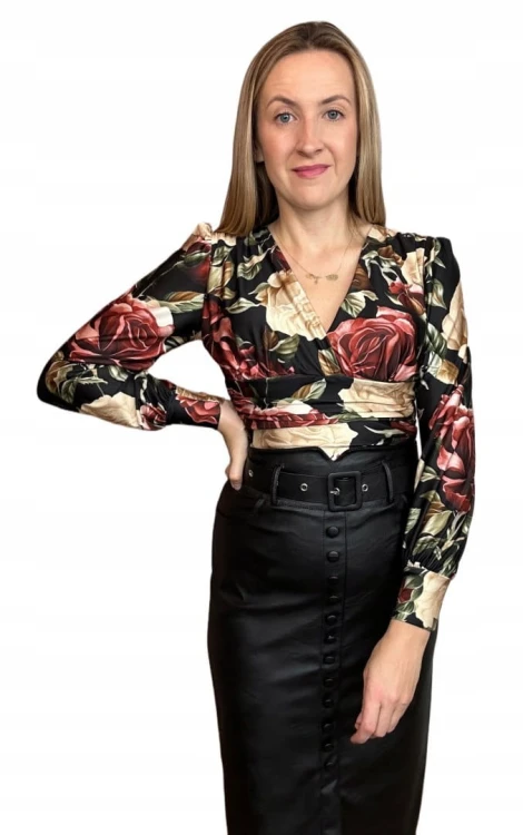 Eleganckie body kopertowy dekolt w kwiaty długie rękawy marszczenia S M