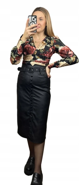 Eleganckie body kopertowy dekolt w kwiaty długie rękawy marszczenia S M