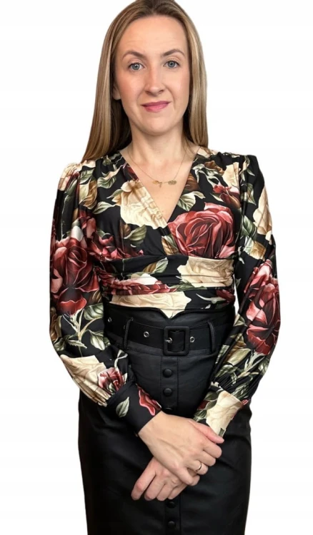 Eleganckie body kopertowy dekolt w kwiaty długie rękawy marszczenia S M