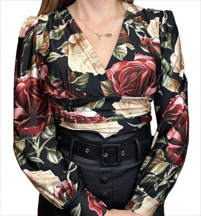 Eleganckie body kopertowy dekolt w kwiaty długie rękawy marszczenia S M