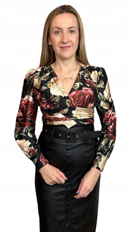 Eleganckie body kopertowy dekolt w kwiaty długie rękawy marszczenia S M