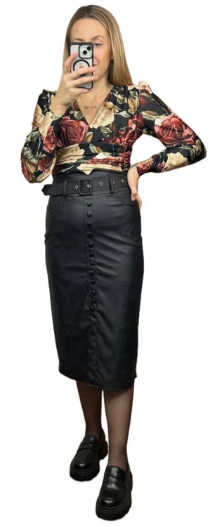 Eleganckie body kopertowy dekolt w kwiaty długie rękawy marszczenia S M