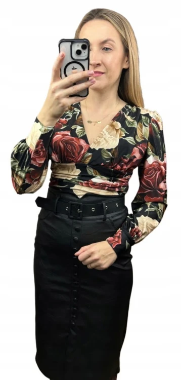 Eleganckie body kopertowy dekolt w kwiaty długie rękawy marszczenia S M