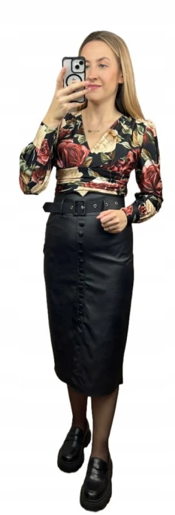 Eleganckie body kopertowy dekolt w kwiaty długie rękawy marszczenia S M