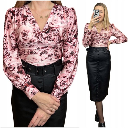 Eleganckie body kopertowy dekolt w kwiaty długie rękawy marszczenia S M