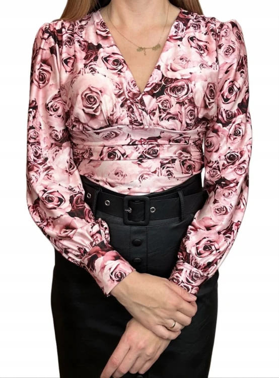 Eleganckie body kopertowy dekolt w kwiaty długie rękawy marszczenia S M