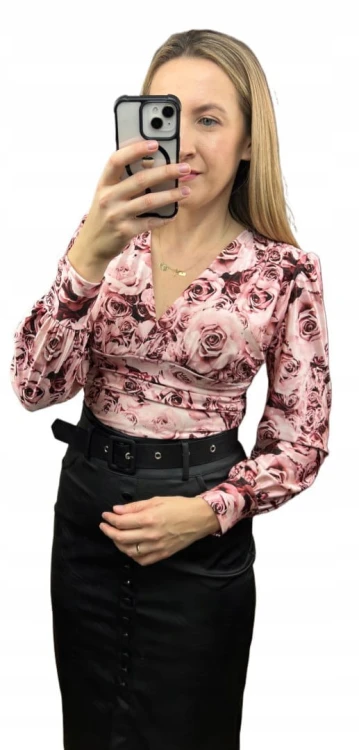 Eleganckie body kopertowy dekolt w kwiaty długie rękawy marszczenia S M