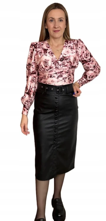 Eleganckie body kopertowy dekolt w kwiaty długie rękawy marszczenia S M