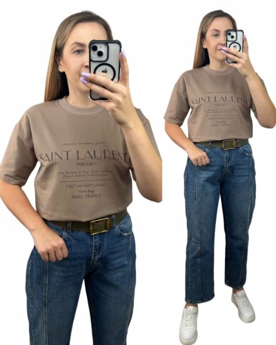 Fango brązowy napis oversize t-shirt bawełniany Millagro - SAINT LAUREN