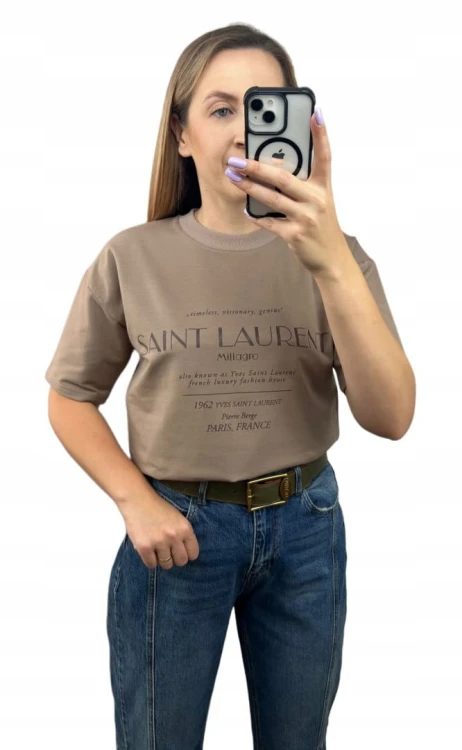 Fango brązowy napis oversize t-shirt bawełniany Millagro - SAINT LAUREN