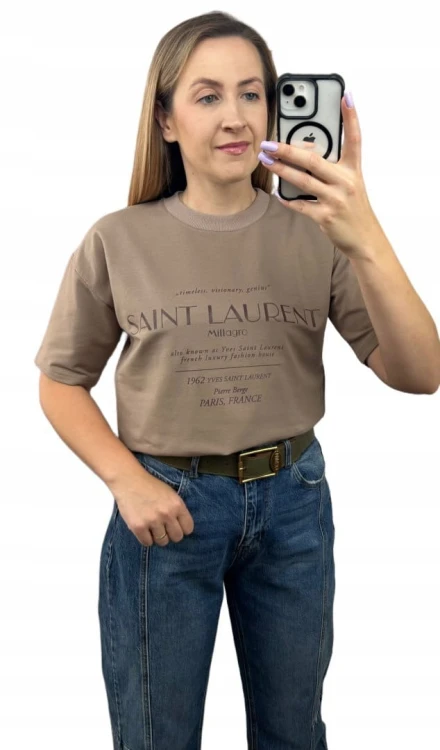 Fango brązowy napis oversize t-shirt bawełniany Millagro - SAINT LAUREN