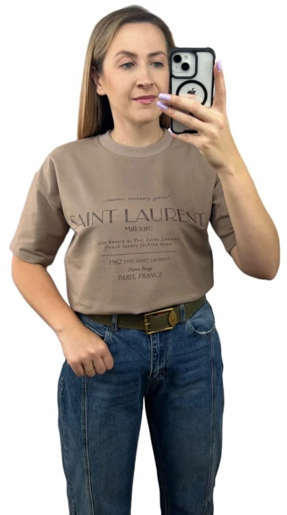 Fango brązowy napis oversize t-shirt bawełniany Millagro - SAINT LAUREN