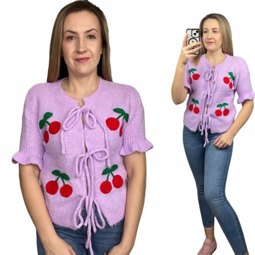 Fiolet sweterek krótki rękaw falbanka wiśnie cherry wiązany kokardki Azara