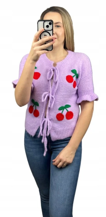 Fiolet sweterek krótki rękaw falbanka wiśnie cherry wiązany kokardki Azara