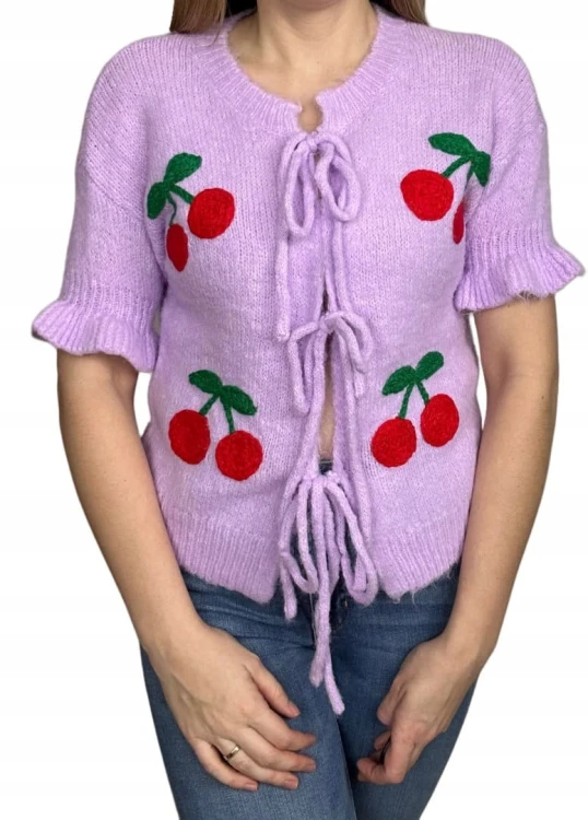 Fiolet sweterek krótki rękaw falbanka wiśnie cherry wiązany kokardki Azara