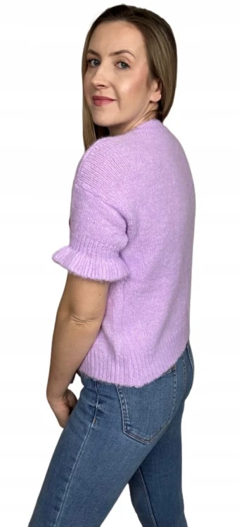 Fiolet sweterek krótki rękaw falbanka wiśnie cherry wiązany kokardki Azara