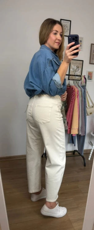 Jasne beżowe jeansy baggy dad barrel jeans szersze wiosna M.Sara L