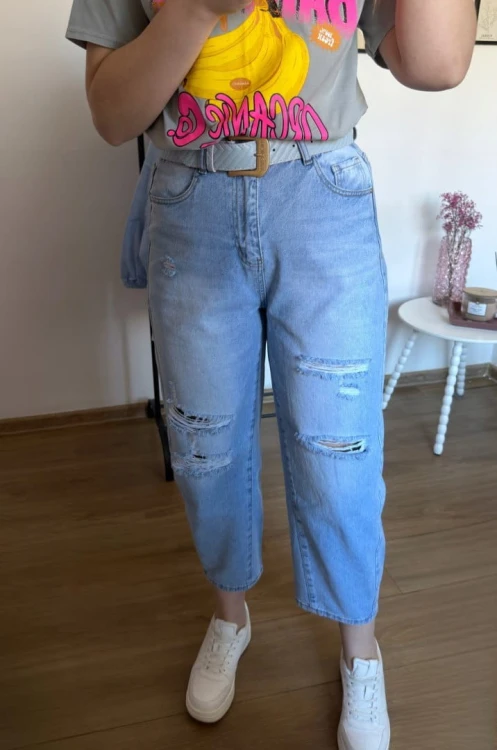 Jeansy z przetarciami dziurami jasny jeans balloon M.Sara XS - SKYLINE