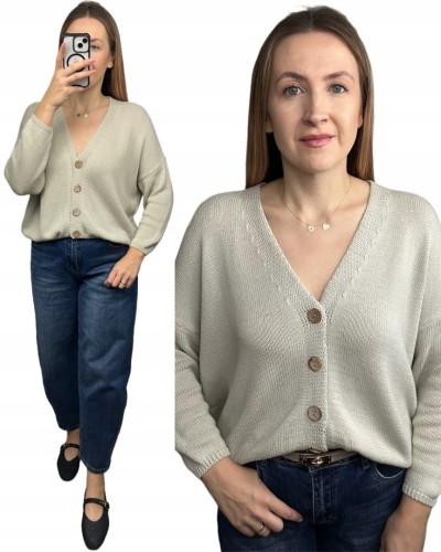 Kardigan sweter bawełniany guziki oversize luźny beżowy Made in Italy- PURE COTTON