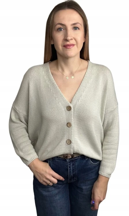 Kardigan sweter bawełniany guziki oversize luźny beżowy Made in Italy- PURE COTTON