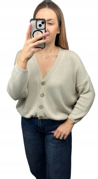 Kardigan sweter bawełniany guziki oversize luźny beżowy Made in Italy- PURE COTTON