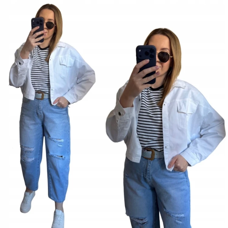 Katana bomberka oversize bawełniana luźna kieszenie biała NEST- CITY