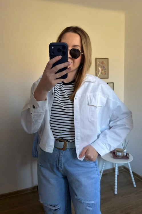 Katana bomberka oversize bawełniana luźna kieszenie biała NEST- CITY