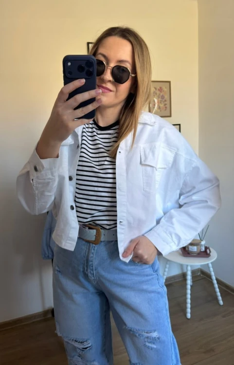 Katana bomberka oversize bawełniana luźna kieszenie biała NEST- CITY