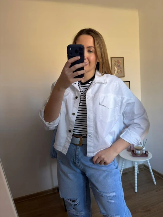 Katana bomberka oversize bawełniana luźna kieszenie biała NEST- CITY